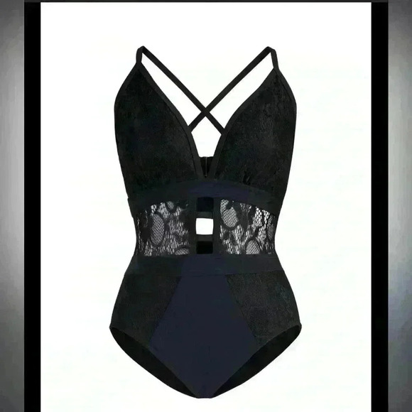 New York and Company Lace-Accent One-Piece Swimsuit -Black Sz L - Picture 1 of 8